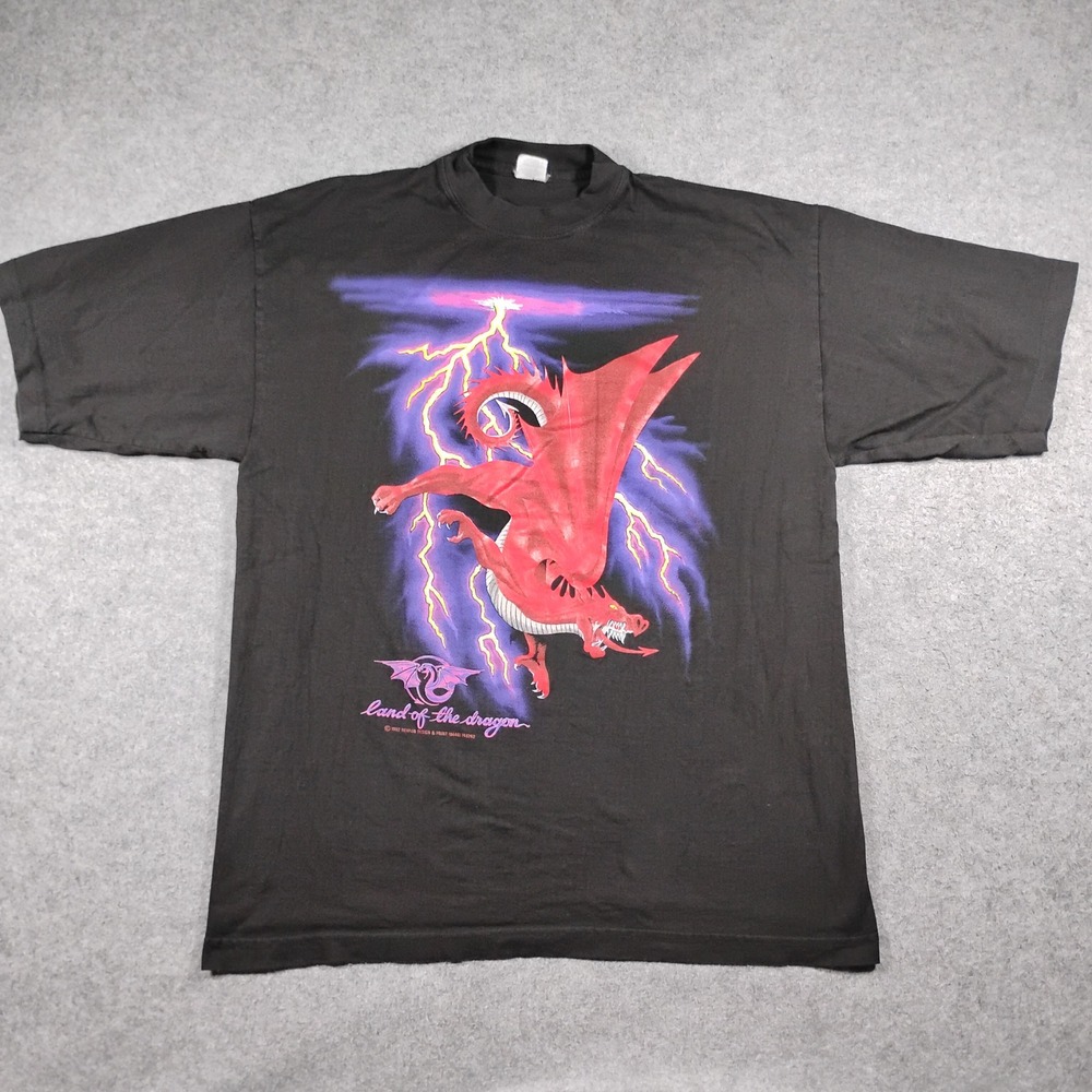 Vintage 1992 Land of the Dragon Graphic T-Shirt Black Single Stitch L Hewlin